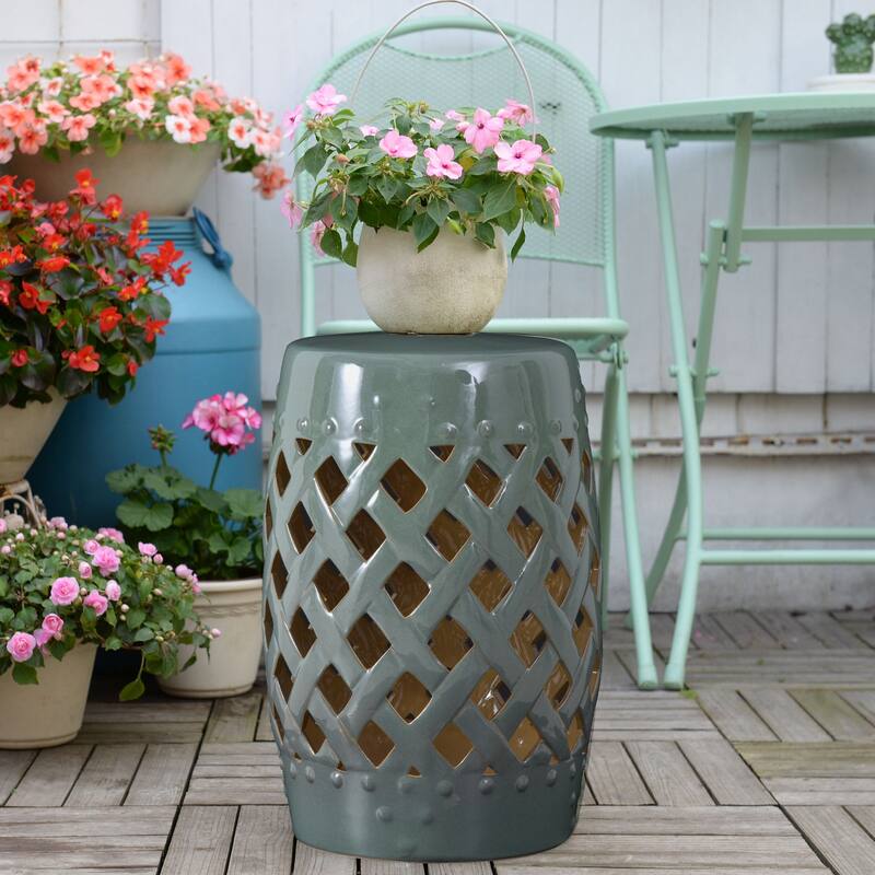 Patio Decorative End Table, Ceramic Garden Table with Woven Lattice Design & Glazed Strong Materials, Green