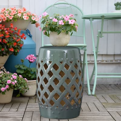 Patio Decorative End Table, Ceramic Garden Table with Woven Lattice Design & Glazed Strong Materials, Green