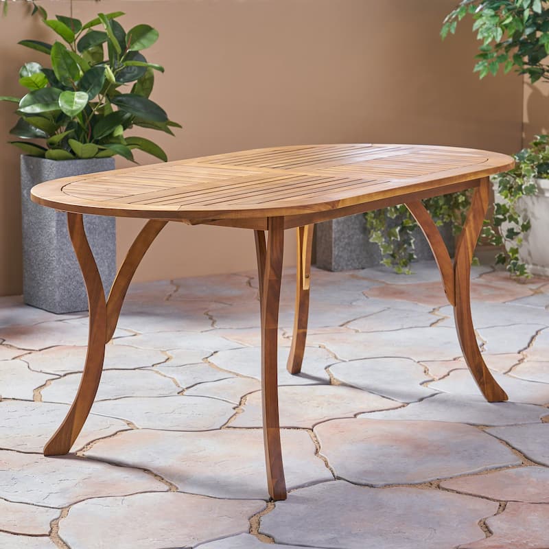 Roomfitters Outdoor Dining Table with Oval Slatted Top and Curved Legs in Solid Acacia Wood for Patio or Garden