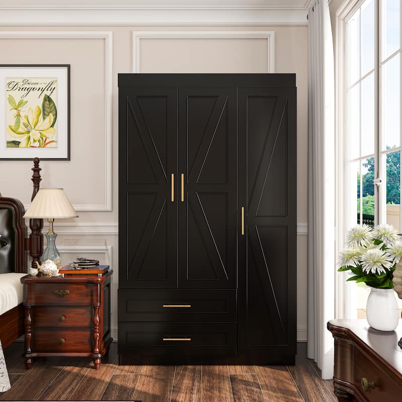 Classic Three-Door Wardrobe,Wood Bedroom Armoire with Hanging Rod and Shelves,Spacious Storage Closet,Modern Farmhouse Design