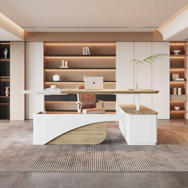 WESOME White Adjustable L Shaped Desk with LED Power Outlets, Electric Sit and Stand Desk