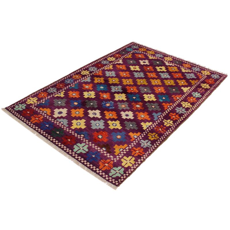 Rustic Balochi Hahn Purple/Green Hand Knotted Wool Rug - 3'4'' x 4'11''