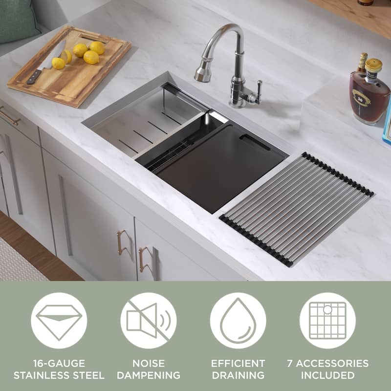 Whitehaus Undermount Single Bowl 16 Gauge Brushed Stainless Steel Workstation Sink With Accessories