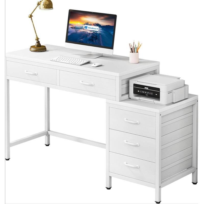 51" Reversible Computer Desk with 5 Drawers and File Cabinet, Office Desk with Printer Stand, Writing Table with Storage