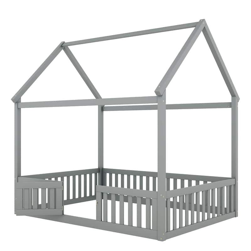 Full Size Wood House Bed with Fence and Door