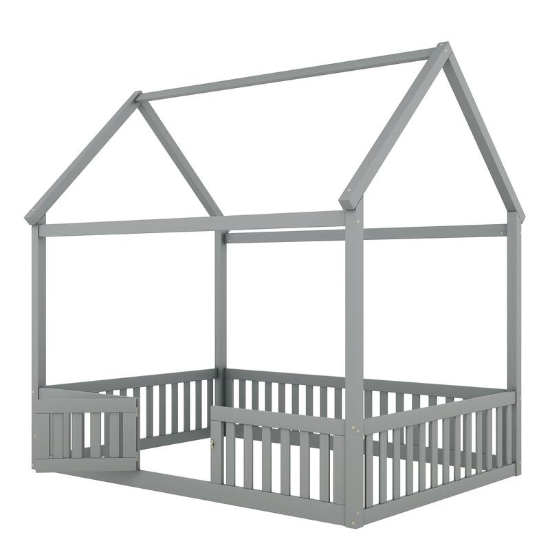 Twin/Full Size Wood House Bed with Fence, Door, and Roof for Children's Bedrooms, Small Space, No Box Spring Needed