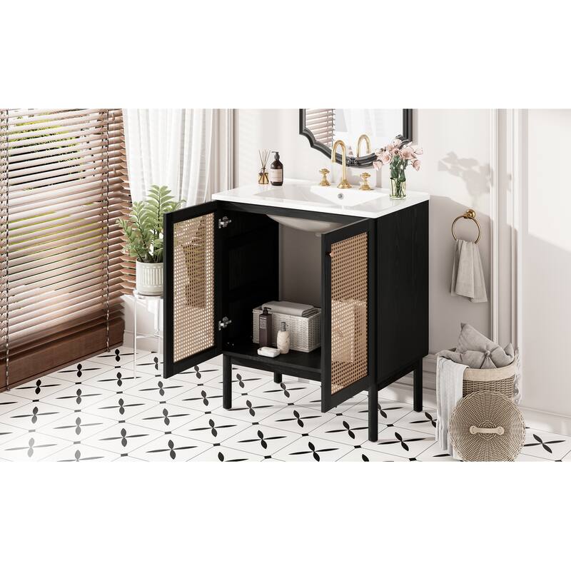 30-Inch Bathroom Vanity Crafted From Natural Materials, Featuring Handmade Rattan Doors And Soft-Closing Mechanisms