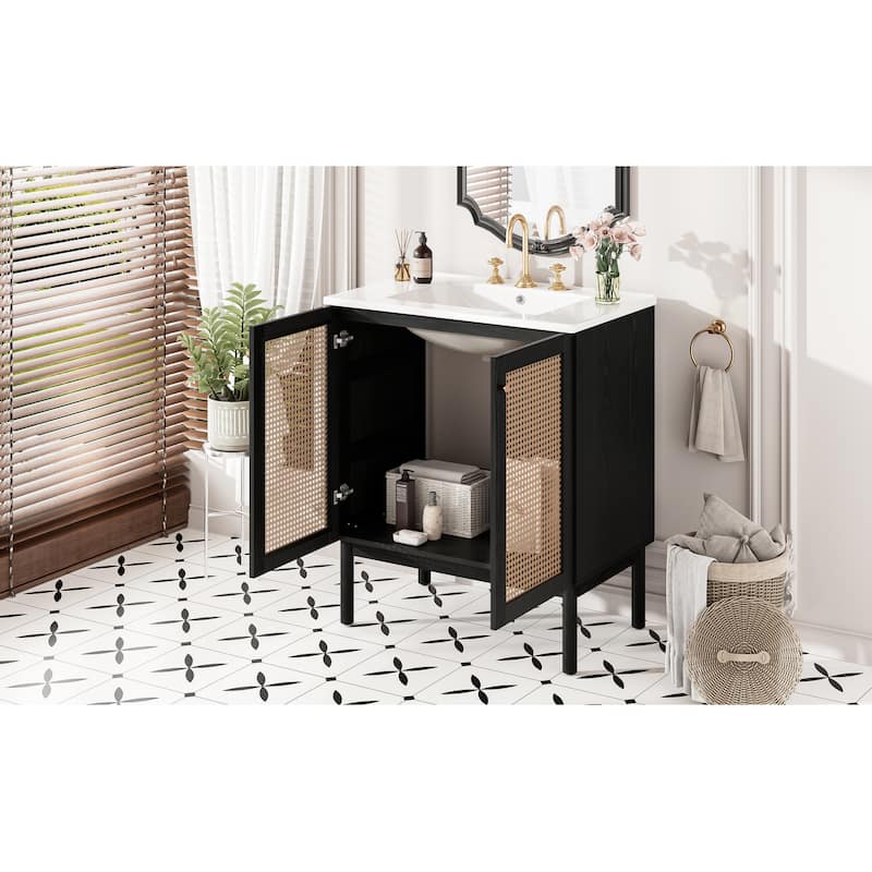 Roomfitters 30" Bathroom Vanity with Ceramic Sink, Handmade Rattan Doors, Soft-Close Hinges, Modern Cabinet, Black