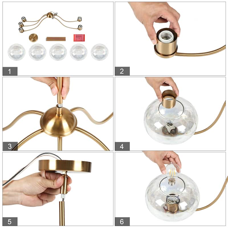 Modern Glam Gold 5-Light Wheel Chandelier Globe Colored Glass Lighting for Dining Living Room - W41.5" x H12"