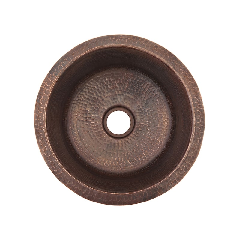 14" Round Hammered Copper Bar Sink w/ 2" Drain Opening, Matching Drain and Accessories