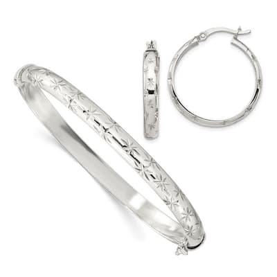 Curata 925 Sterling Silver 6mm Diamond-cut Bangle Bracelet and 4mm Hoop Earrings Set