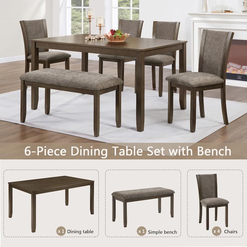 6 Piece Dining Table Set with Bench, Wooden Kitchen Table & 4 Upholstered Chairs, Modern Dining Room Furniture for Family Meals