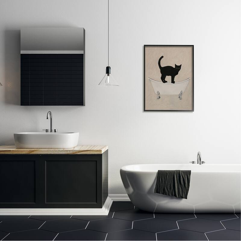 Stupell Black Cat Simple Claw Foot Bathtub Bathroom Painting Framed Wall Art