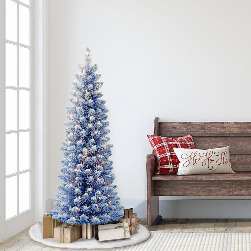 Puleo International 4.5 ft. Pre-Lit Flocked Fashion Blue Pencil Artificial Christmas Tree