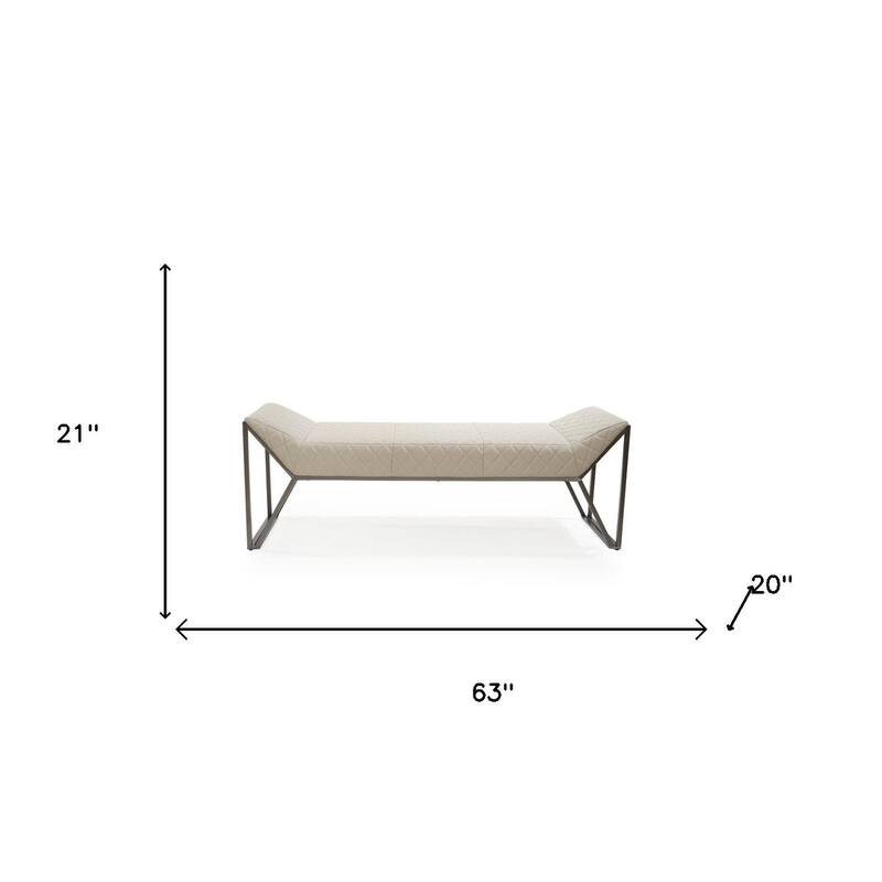 HomeRoots 63" Cream and Gray Quilted Faux Leather and Steel Upholstered Bench - 63.00 in. x 21.00 in. x 20.00 in.