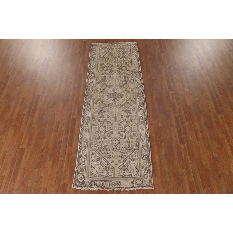Hamedan Persian Vintage Runner Rug Handmade Geometric Wool Carpet - 3'3" x 9'9"