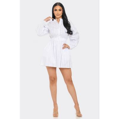 White Striped Mini Dress with Long Sleeves and Playful Dolphin Hem
