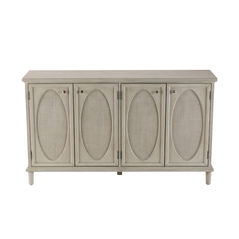 Wooden Geometric Washed Oval Rattan Front 4 Door Sideboard with Round Silver Knobs - Light Gray - Roche River Decor