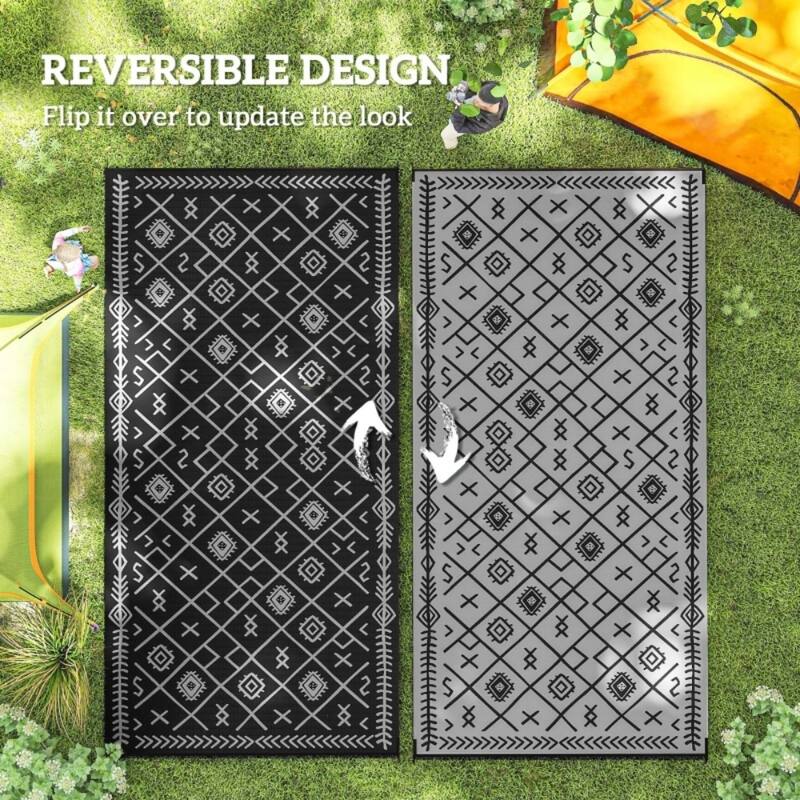 Reversible Outdoor Rug Rhombus Pattern, UV-Protected Foldable Polypropylene Mat with Carry Bag - 215.7" L x 107.9" W
