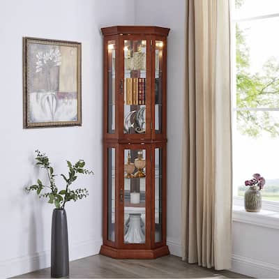 Lighted Corner Curio Cabinet with 6 Shelves, Mirrored Back & Adjustable Tempered Glass, Storage Display Cabinet
