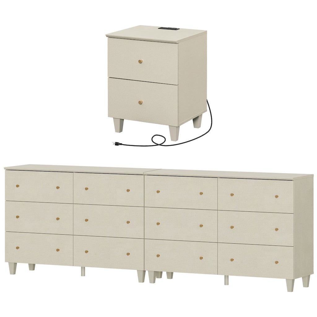Bedroom 12-Drawer Dresser and Charging Nightstand Set, 94.4" Wide