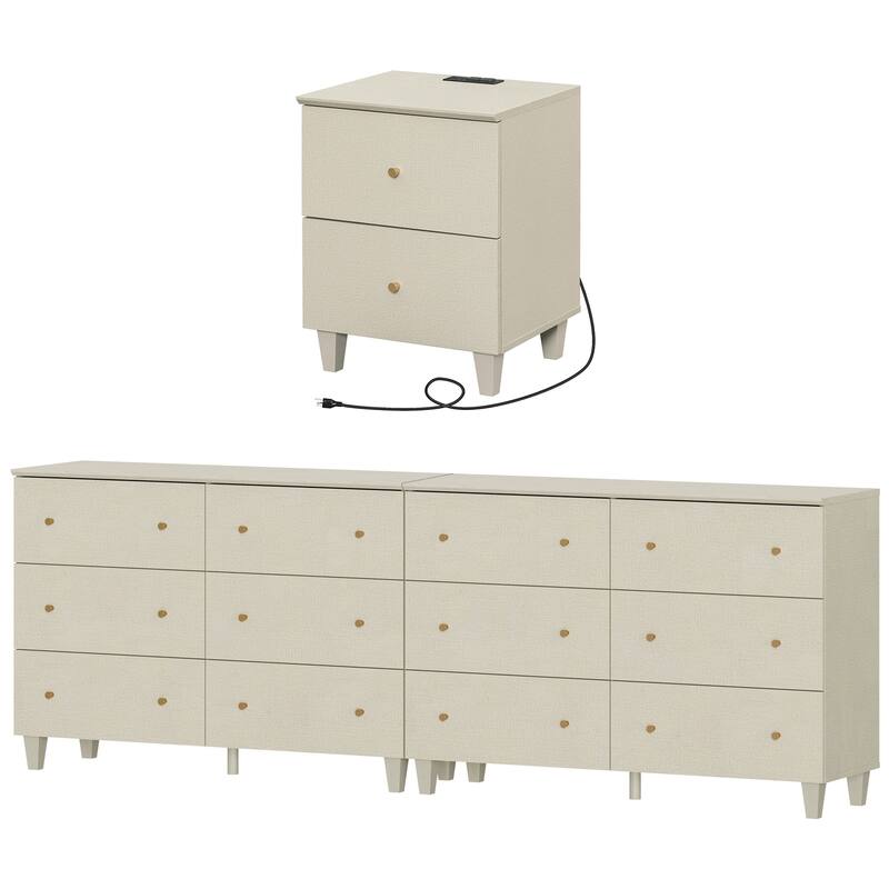 Bedroom 12-Drawer Dresser and Charging Nightstand Set, 94.4" Wide
