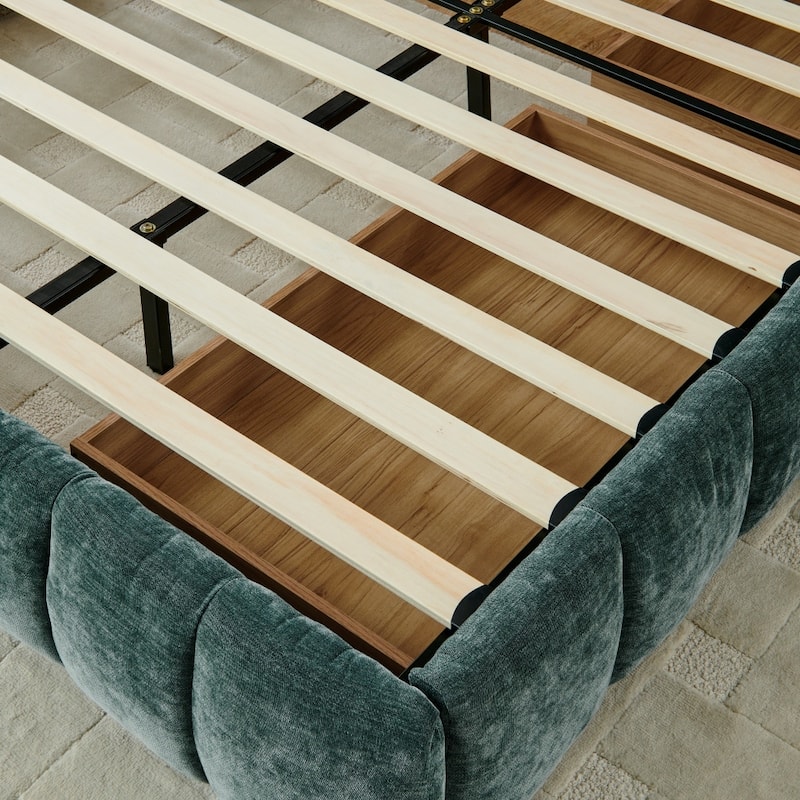 King Size Chenille Fabric Upholstered Bed with Headboard and Drawer for Storage