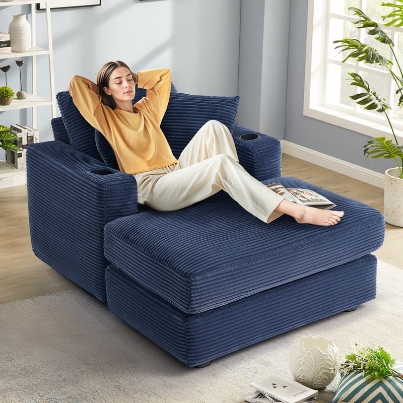 Oversized Corduroy Chaise Lounge Chair with Throw Pillows and Built-In Cup Holders