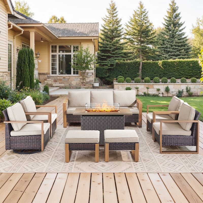 Meyreso Wicker Outdoor Patio Fire Pit Set with Swivel Gliders and Olefin Cushions