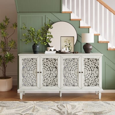 60" Antique Buffet Cabinet with Floral Carvings with Solid Wood Legs&Antique Brass Handles&Adjustable Shelves, TV Stand