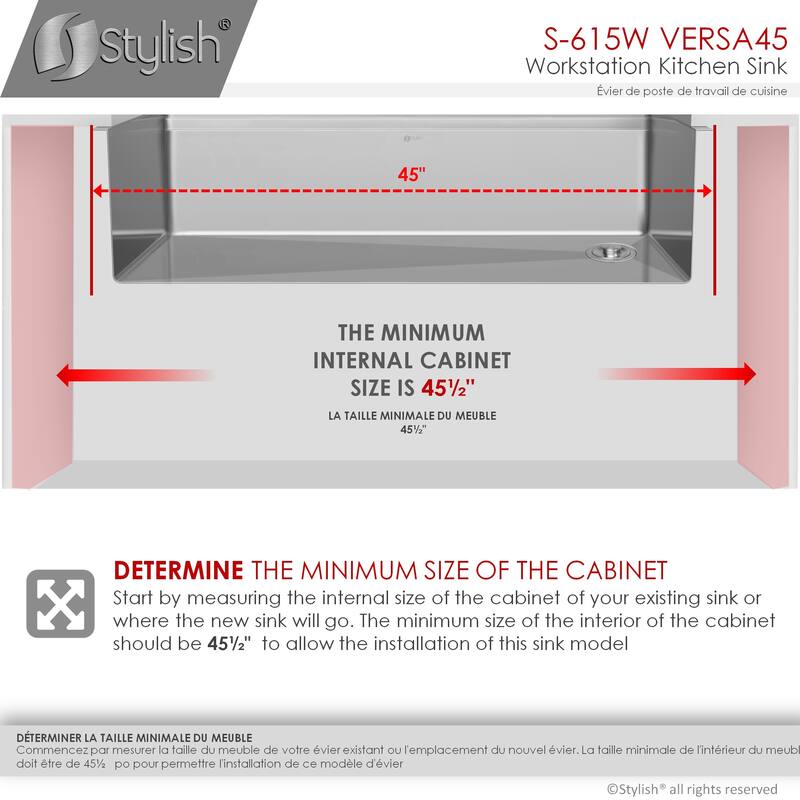 STYLISH 45 inches Ledge Workstation Single Bowl Undermount 16 Gauge Stainless Steel Kitchen Sink with Built in Accessories