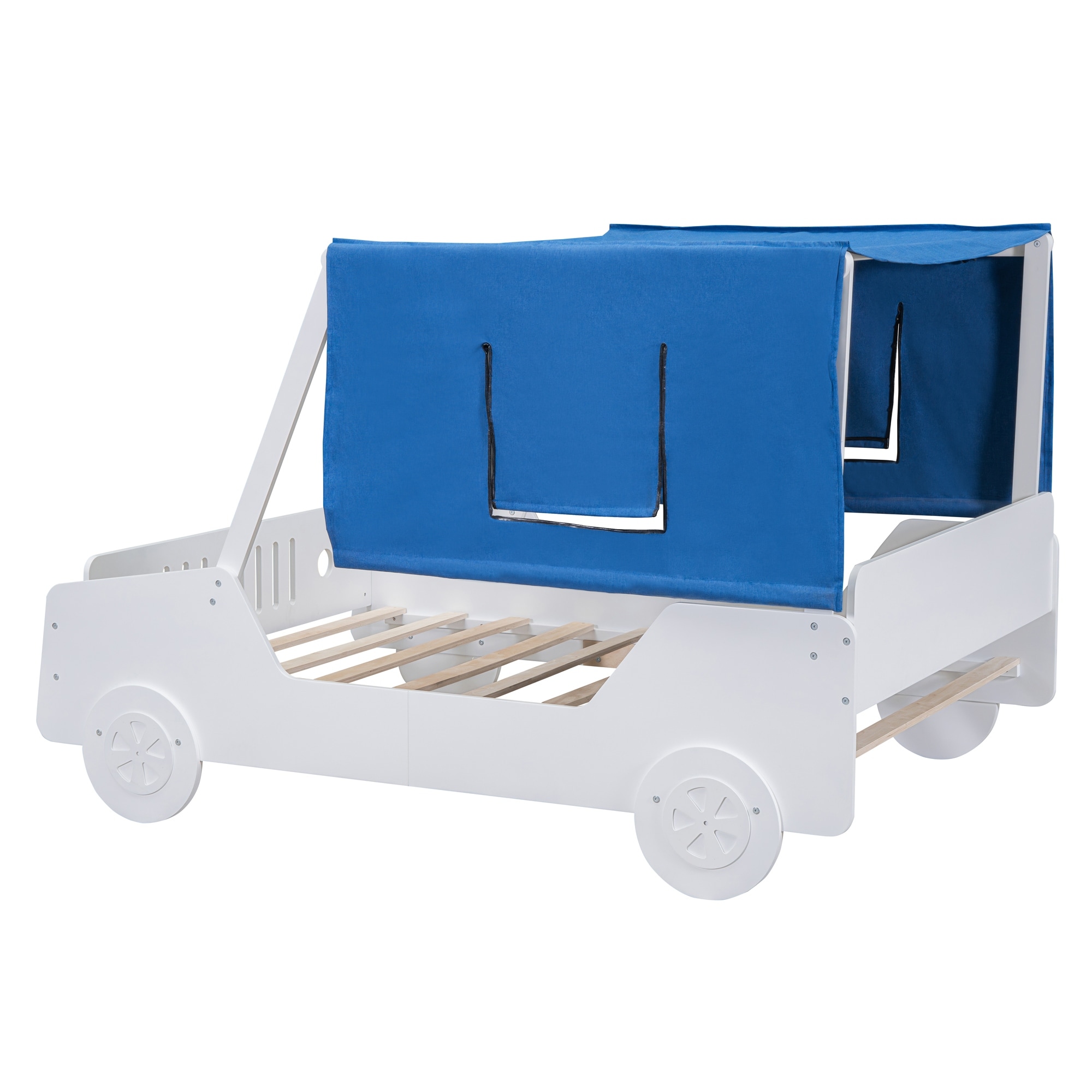Full Size Car Shaped Bed with Tents Rugged Wheels Sturdy Wooden Jeep Bed Frame for Kids Bedroom White