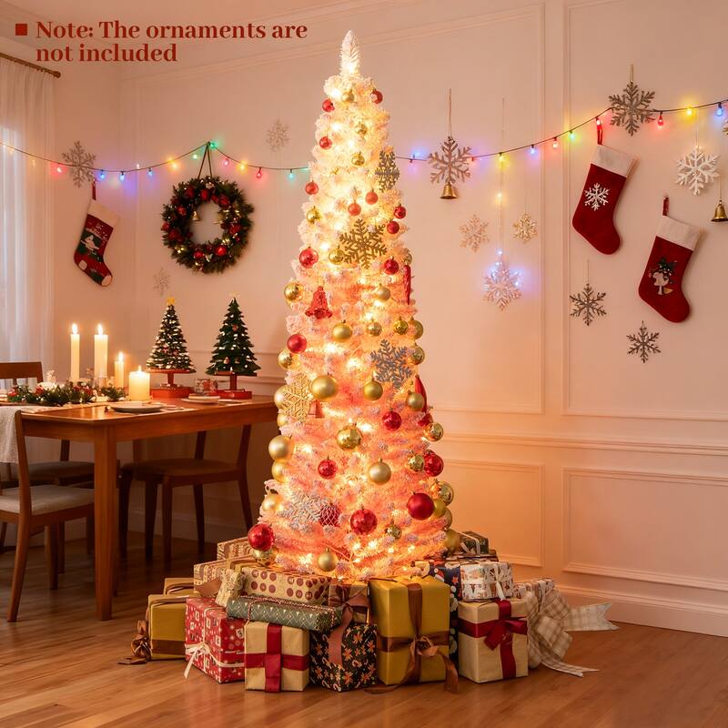 Pink Slim Christmas Tree with LED Lights and Snow-Flocked PVC Branches Included Metal Stand and Gloves
