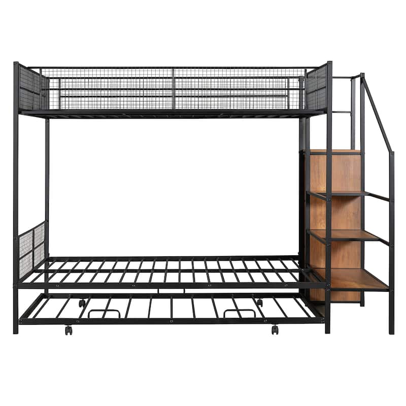 Black Twin over Full Size Metal Bunk Bed with Trundle and Lateral Storage Ladder and Wardrobe