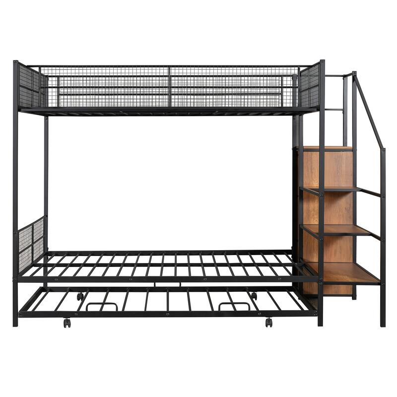 Twin Over Full Metal Bunk Bed with Built-In Storage Ladder and Wardrobe, Space-Saving Design