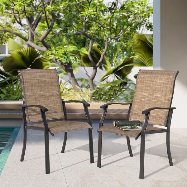 Patio Dining Chairs Set Of 4 - Outdoor Textilene Fabric Chairs With Armrests, 300 Lb Capacity, Brown