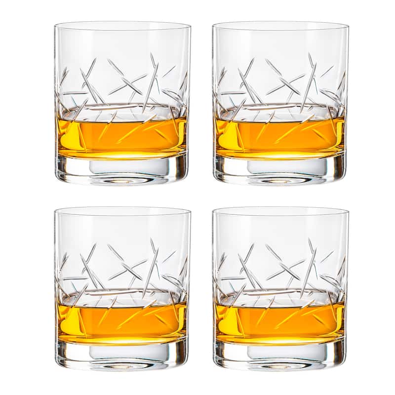 Glass - Double Old Fashioned - Tumbler - Set of 4 - Small Lines Design - Made in Europe by Majestic Gifts Inc.