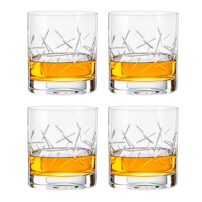 Glass - Double Old Fashioned - Tumbler - Set of 4 - Small Lines Design - Made in Europe by Majestic Gifts Inc.