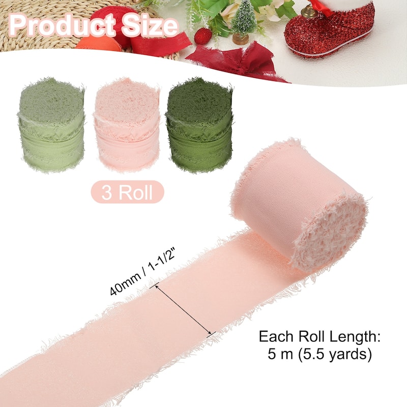 1-1/2"x16Yd Handmade Fringe Cotton Ribbon Frayed Fringe Ribbon 3Roll - 5Yd - Grass Green/Green/White