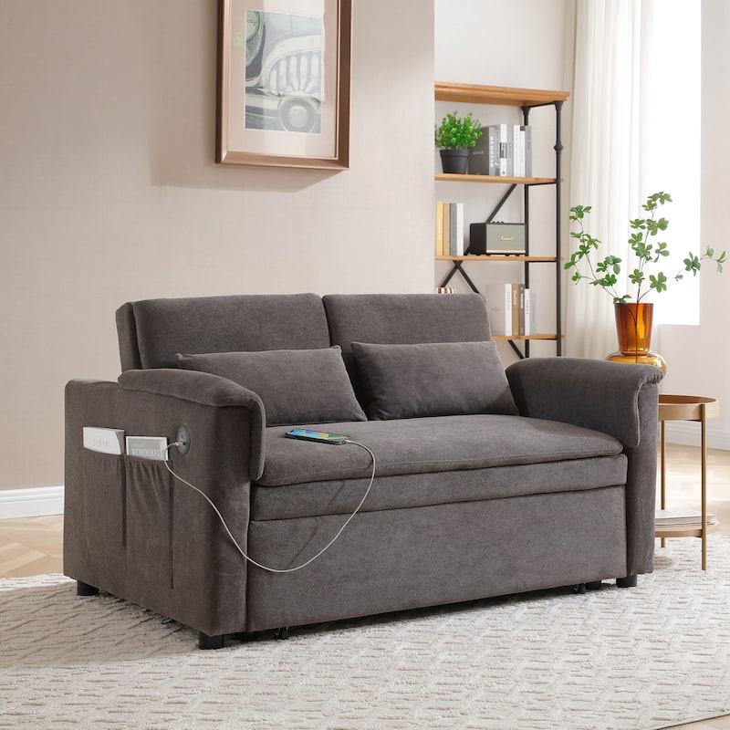 55" Velvet Two Seater Pull Out Sofa Bed, Adjustable Backrest With USB Ports, Two Side Pockets