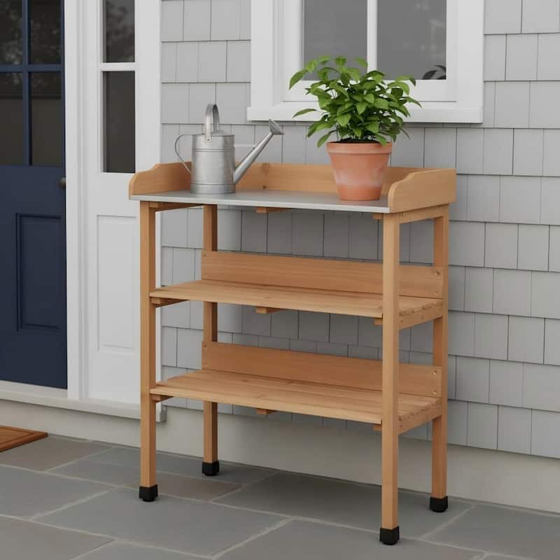 Anmytek Solid Wood Potting Bench with Waterproof Metal Tabletop, 3-Tier Outdoor Gardening Workstation with Storage Shelves