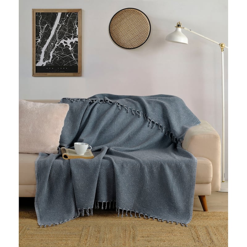 KAFTHAN Textile Waffle Plain Cotton King Coverlet - Lead and Dark Gray