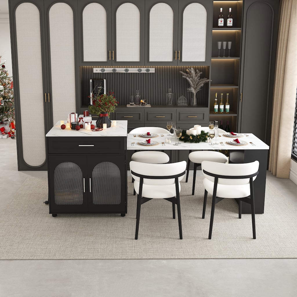 80-inch Expandable Kitchen Island with Dining Table, Marble-Grain Countertop, Mobile Storage Cart with Cabinet & 2 Drawers