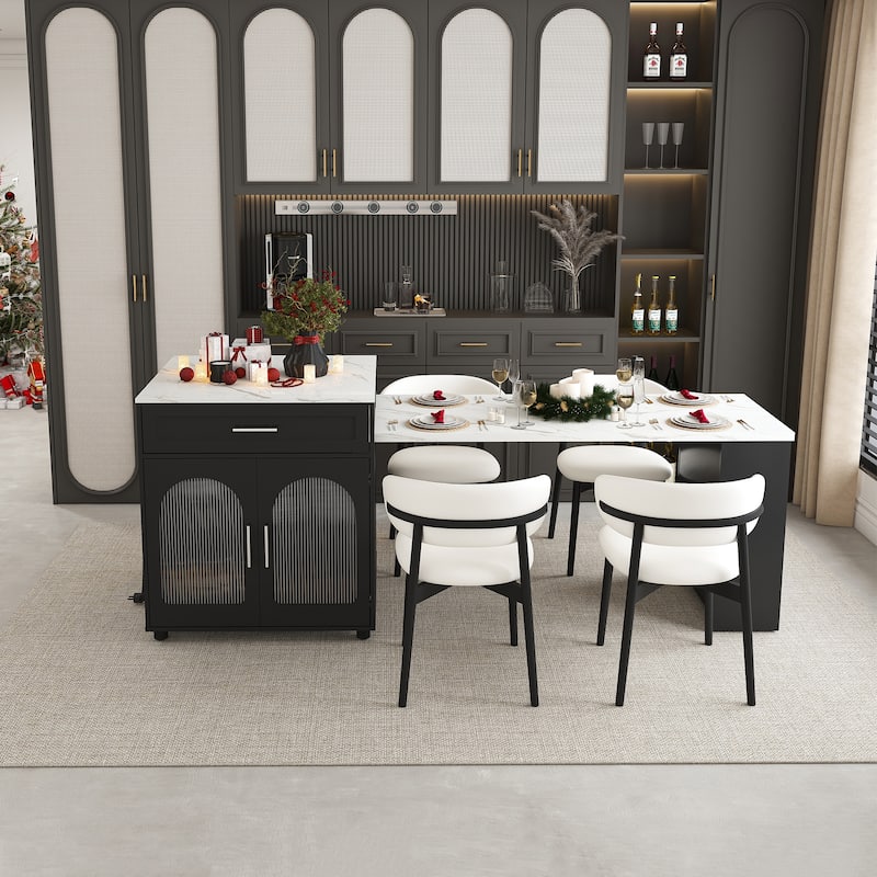 80-inch Expandable Kitchen Island with Dining Table, Marble-Grain Countertop, Mobile Storage Cart with Cabinet & 2 Drawers - Black