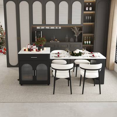 Expandable 80-inch Kitchen Island with Power Outlet, Mobile Cart with Dining Table & Storage