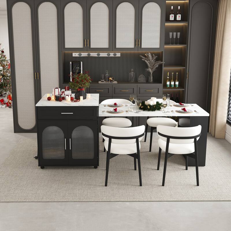 Roomfitters 80" Expandable Kitchen Island & Dining Table, Rolling Cart, Charging Station & Glass Cabinet