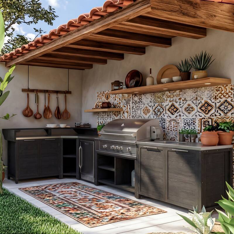 Modular Outdoor Kitchen Cabinet Set 100% Solid Wood Patio BBQ Island with Stainless Steel Countertop