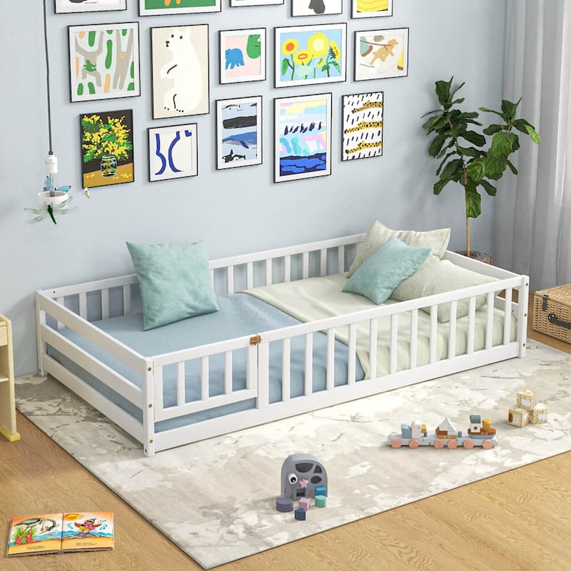 Kids Wood Montessori Bed Twin Floor Bed with Door & Fence