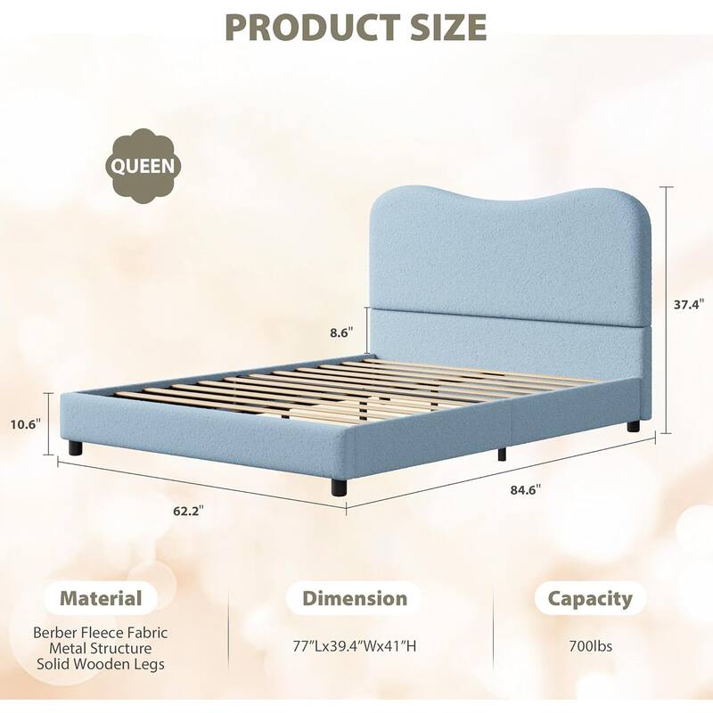 Kids Upholstered Platform Bed, Soft Boucle Fabric with Low Profile Frame & Wood Slats, Boys/Girls Bedroom