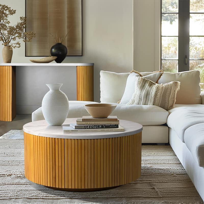 INK IVY Layana Faux White Marble Round Coffee Table with Storage - 35.5" x 17"H